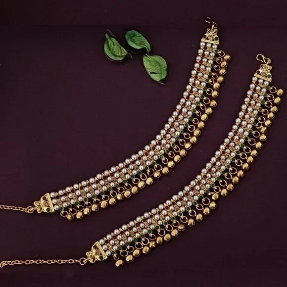 Indian Bridal Anklet Set Pearl Ghungroo Jhanjari Traditional Gold Copper